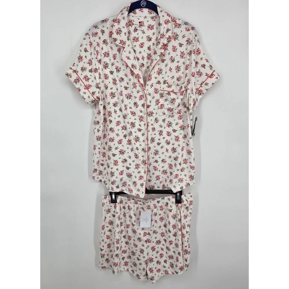 NEW Kate Spade New York White w/ Pink Floral AOP 2 Piece Pajama Set Size L NWT